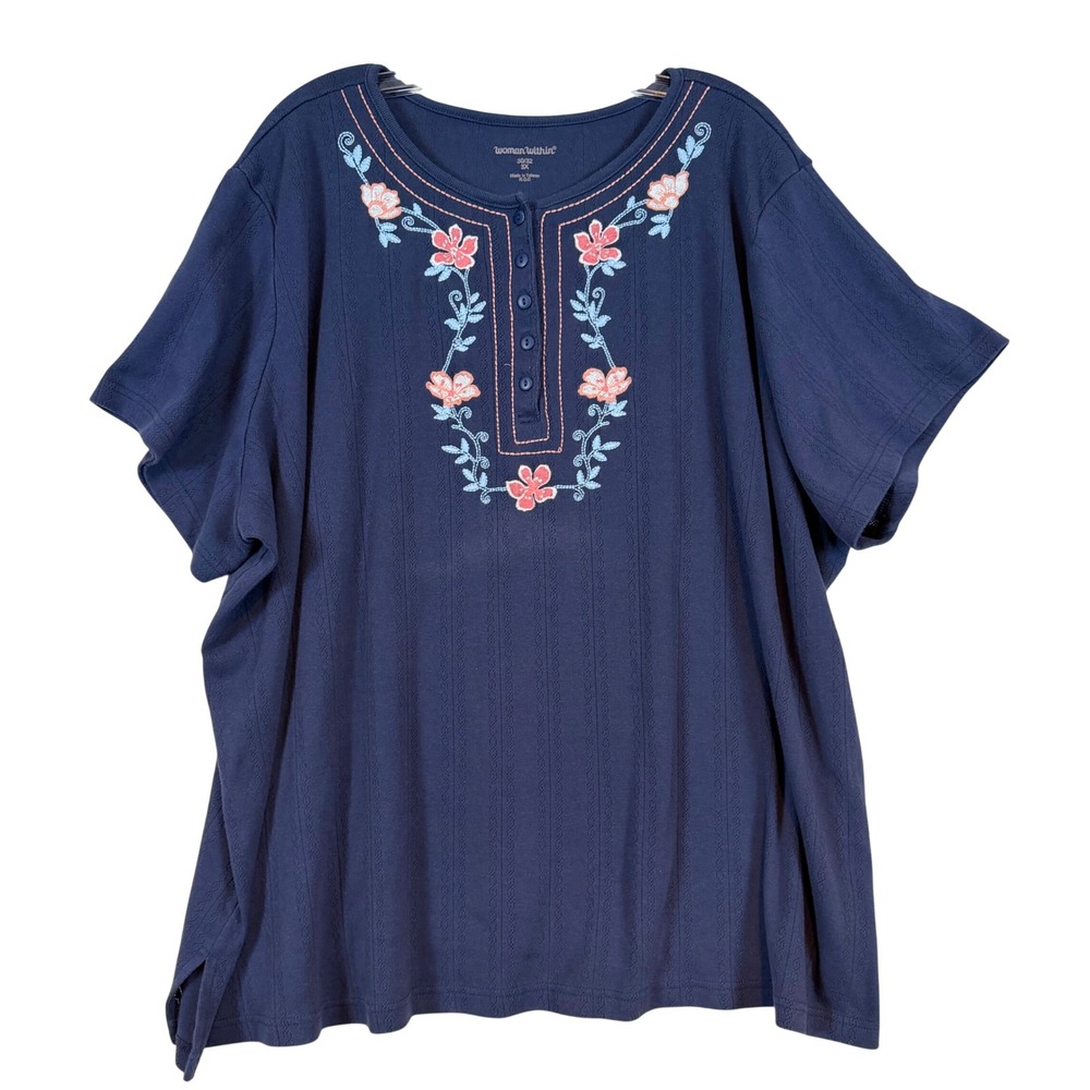 Woman Within Navy Blue Floral Embroidered Henley Top 3X Cottagecore Short Sleeve